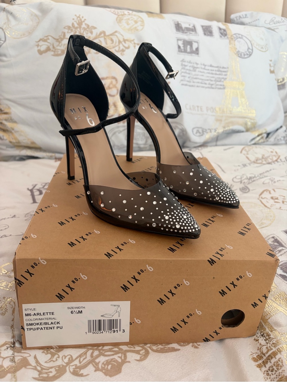 Mix No. 6 Black Pointed Rhinestone Ankle-Strap Heels with Clear Panels